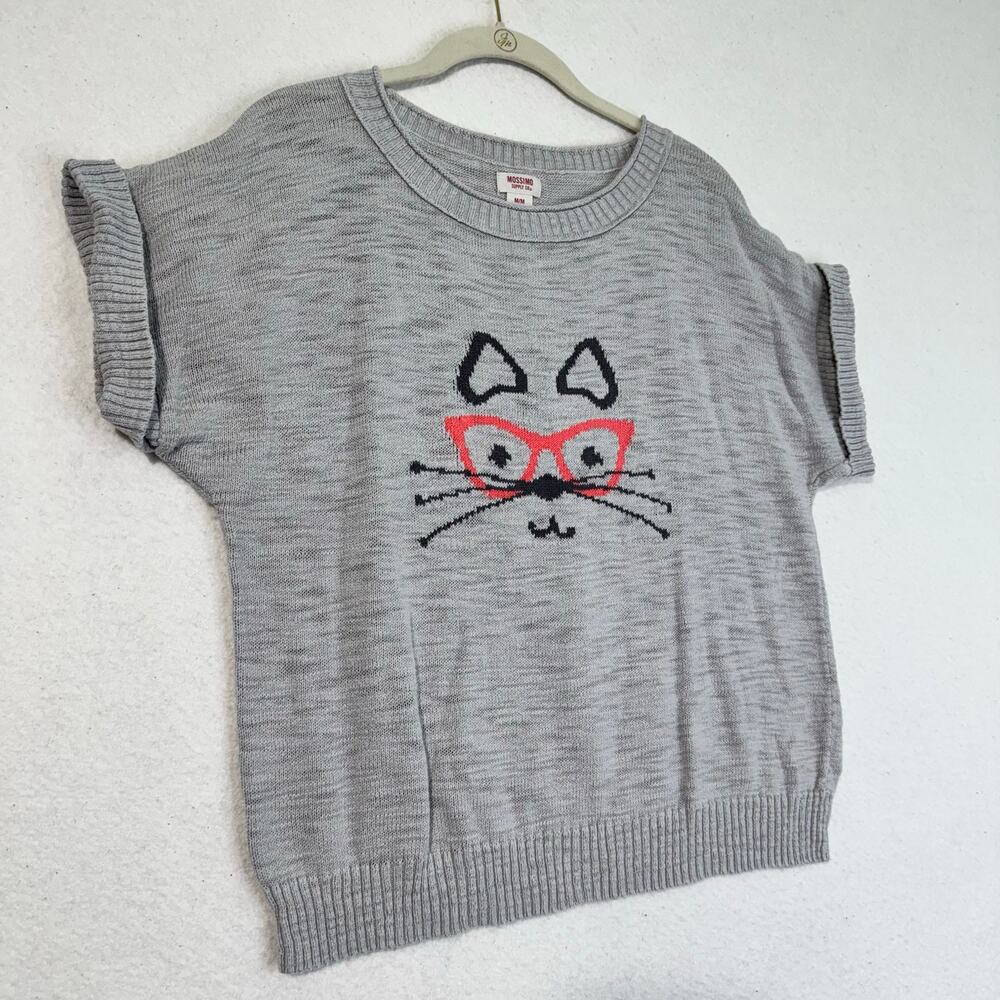 Mossimo Pink Glasses Kitty Cat Grey Short Sleeve Cotton Knit Sweater Shirt Med - Picture 2 of 7